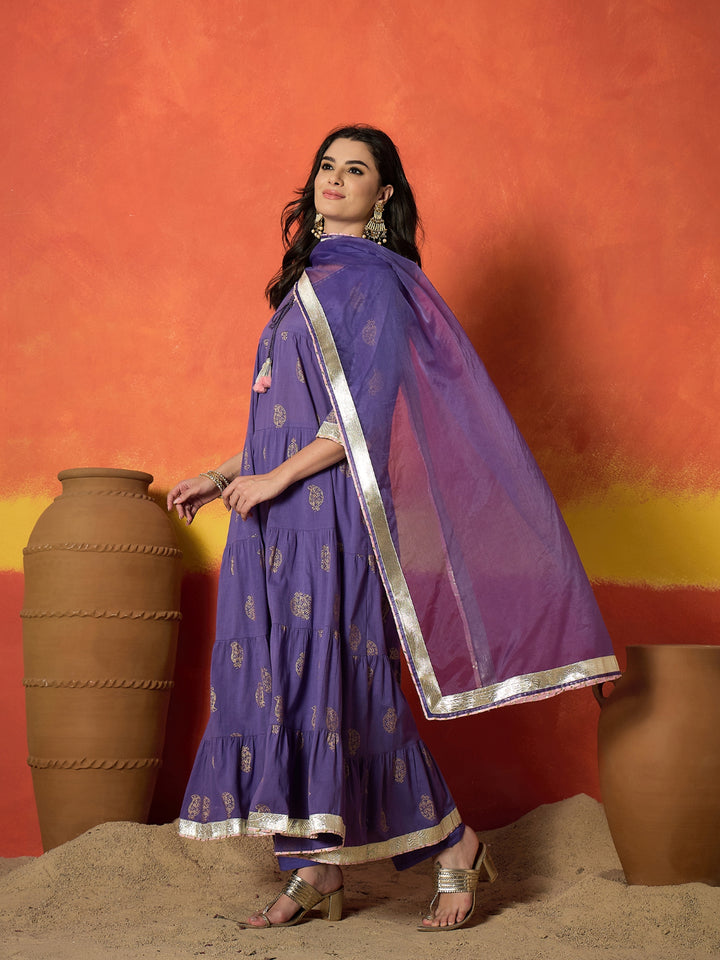 Paisley Gold Printed Pure Cotton Anarkali Kurta Pant Dupatta Set