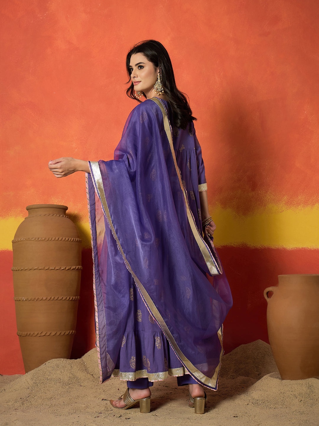 Paisley Gold Printed Pure Cotton Anarkali Kurta Pant Dupatta Set