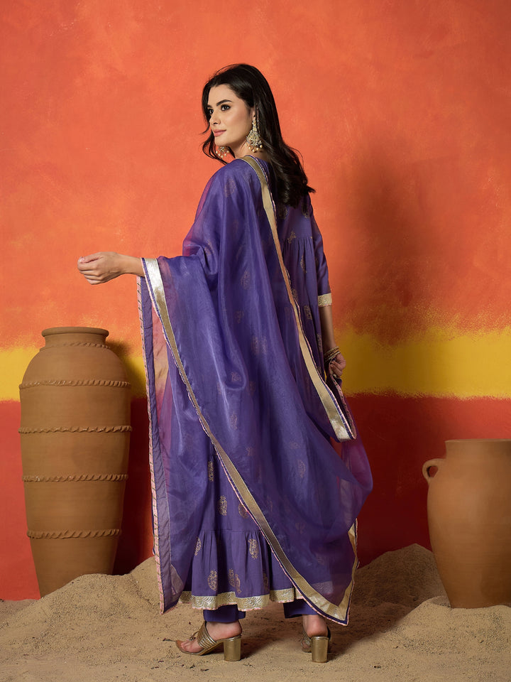 Paisley Gold Printed Pure Cotton Anarkali Kurta Pant Dupatta Set