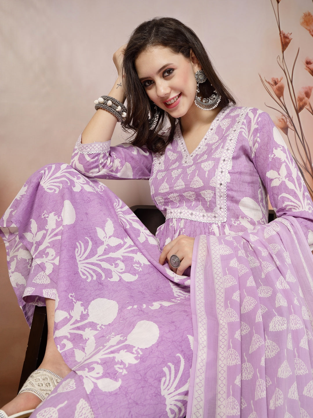 Lavender Ethnic Motif Printed Cotton A-Line Kurta Pant Dupatta Set
