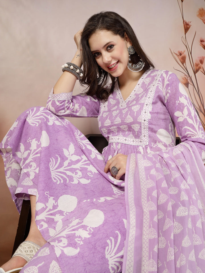 Lavender Ethnic Motif Printed Cotton A-Line Kurta Pant Dupatta Set