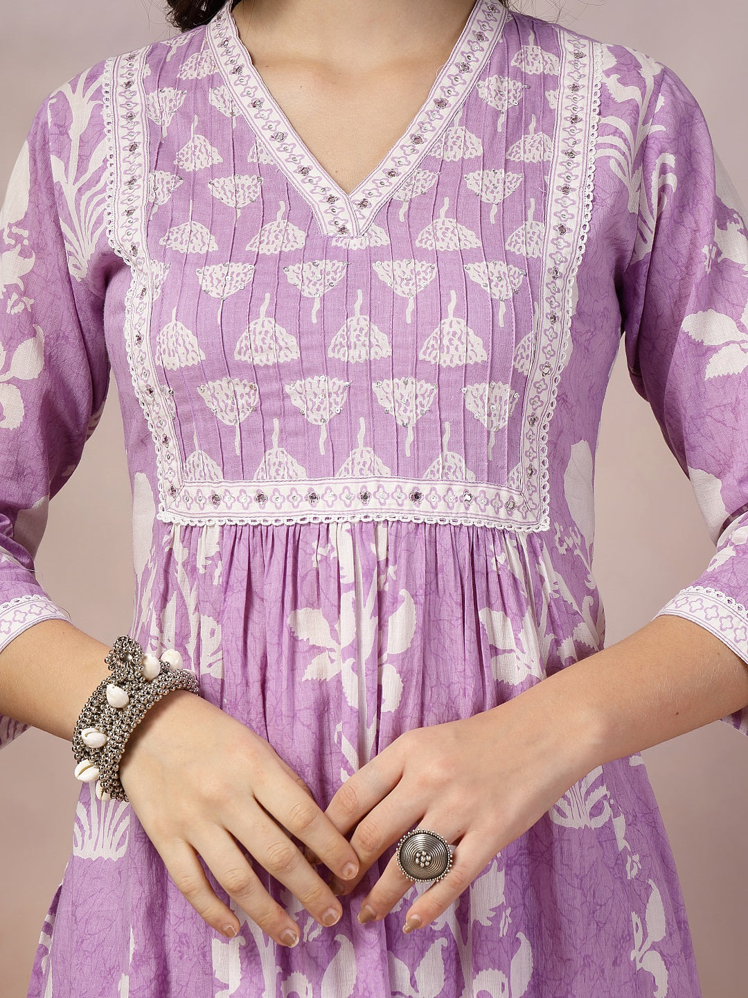 Lavender Ethnic Motif Printed Cotton A-Line Kurta Pant Dupatta Set