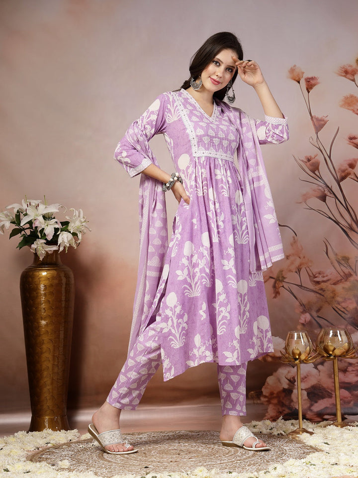 Lavender Ethnic Motif Printed Cotton A-Line Kurta Pant Dupatta Set