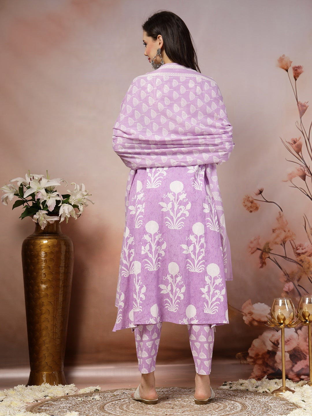 Lavender Ethnic Motif Printed Cotton A-Line Kurta Pant Dupatta Set