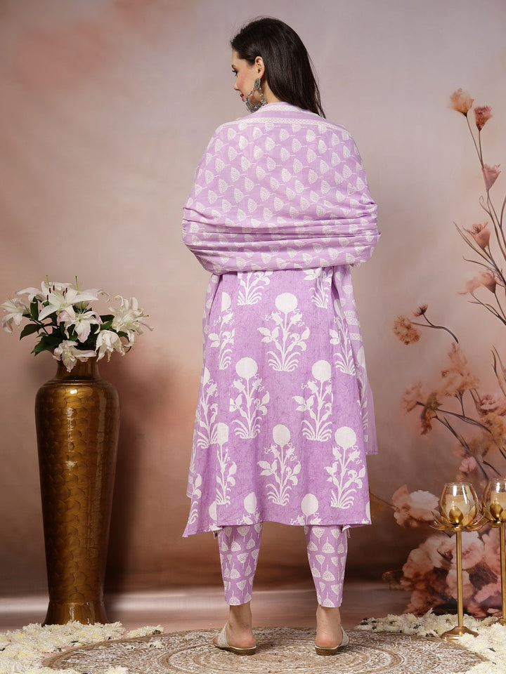 Lavender Ethnic Motif Printed Cotton A-Line Kurta Pant Dupatta Set