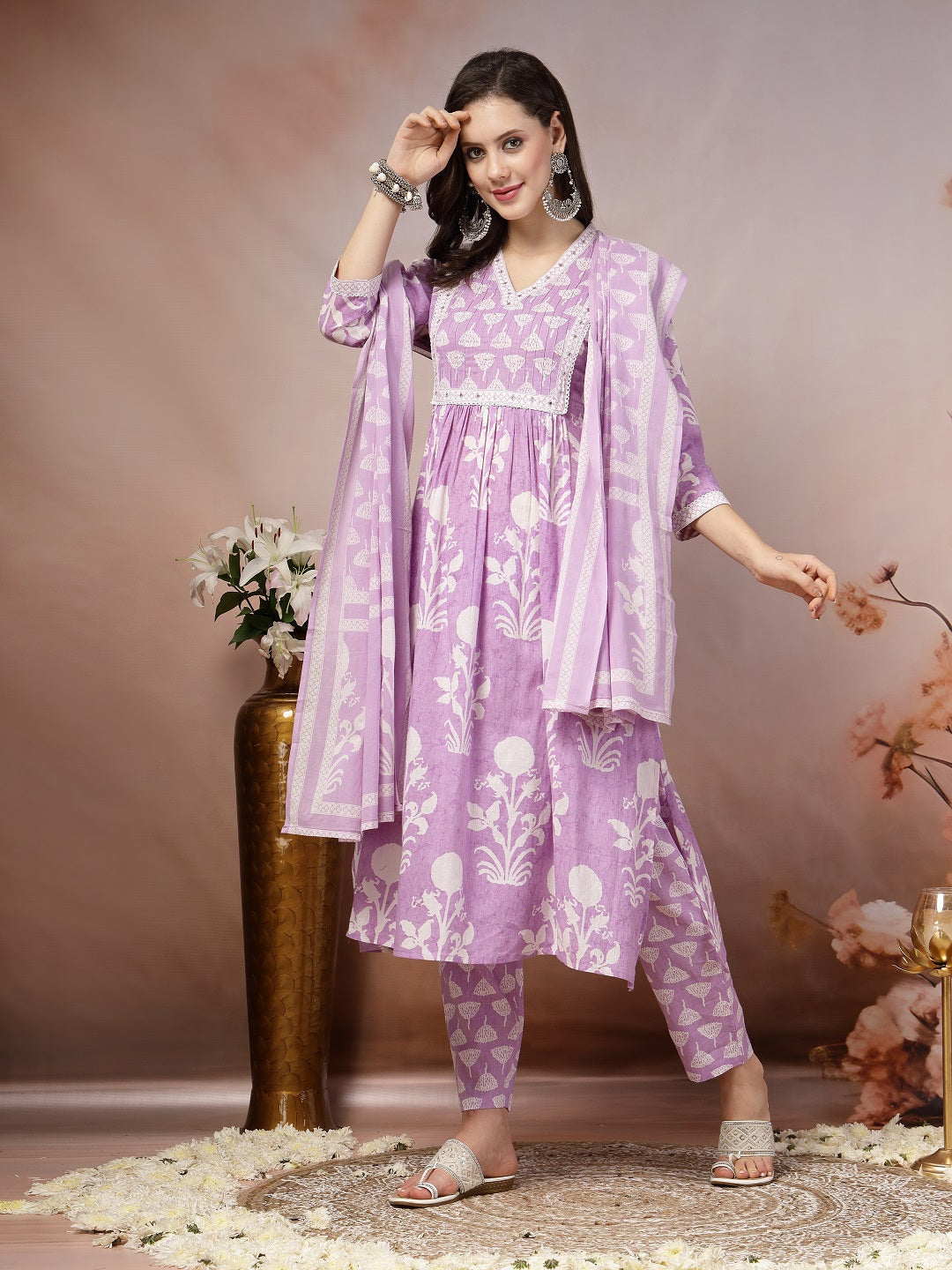 Lavender Ethnic Motif Printed Cotton A-Line Kurta Pant Dupatta Set