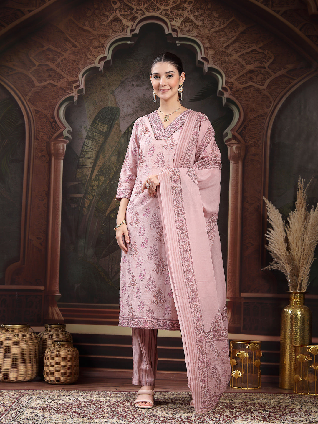 Lavender Ethnic Printed Cotton Straight Kurta Pant Dupatta Set