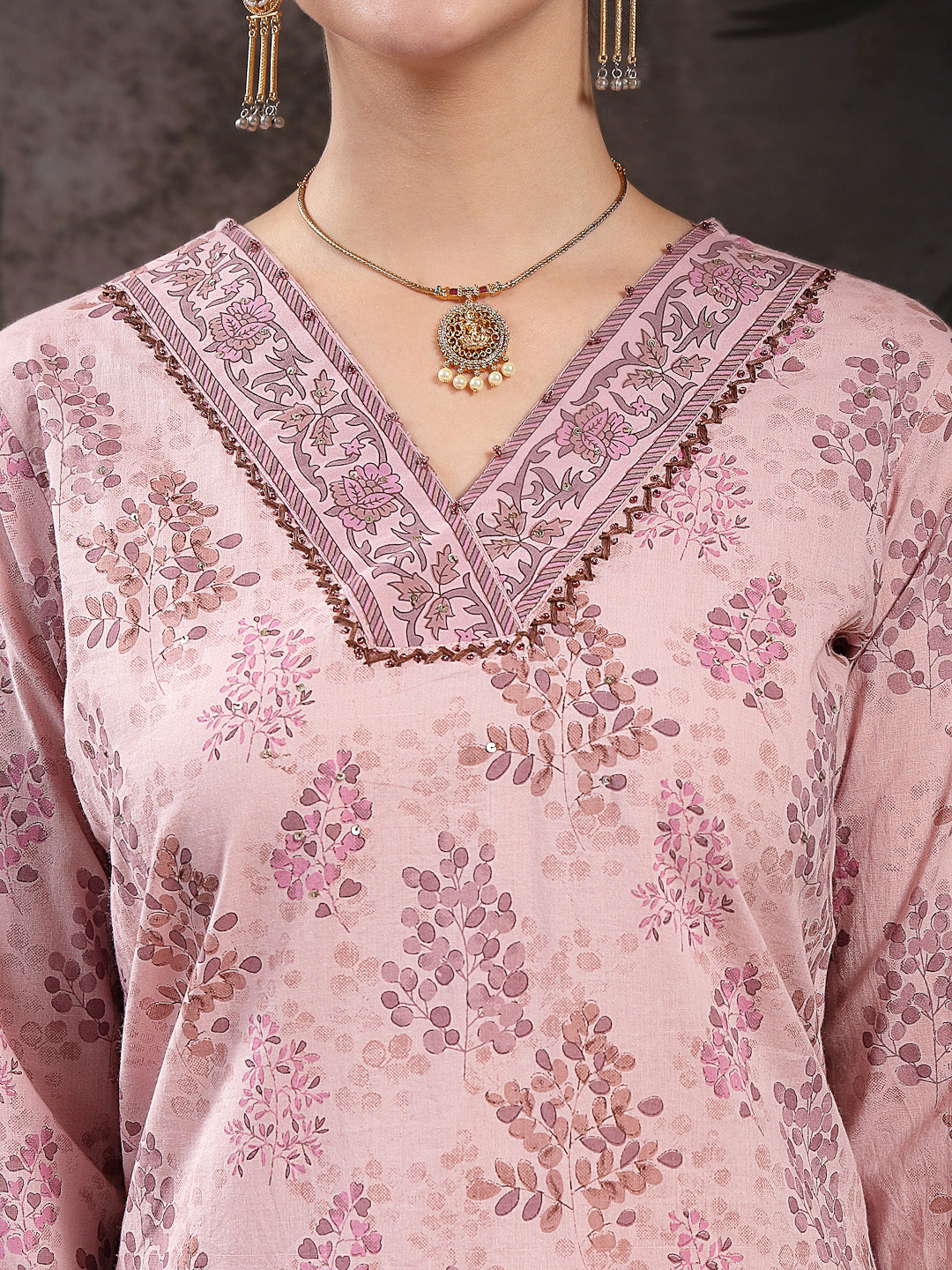 Lavender Ethnic Printed Cotton Straight Kurta Pant Dupatta Set