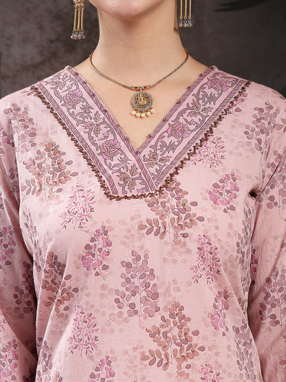 Lavender Ethnic Printed Cotton Straight Kurta Pant Dupatta Set