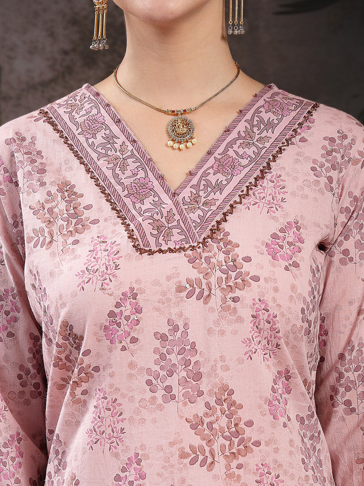 Lavender Ethnic Printed Cotton Straight Kurta Pant Dupatta Set