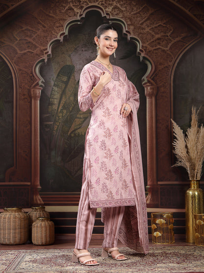 Lavender Ethnic Printed Cotton Straight Kurta Pant Dupatta Set