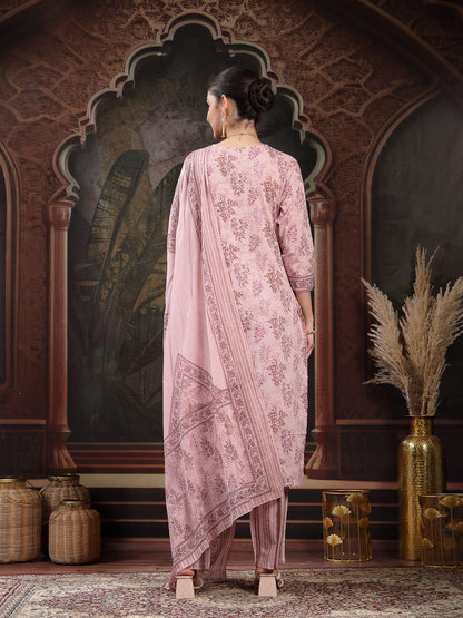 Lavender Ethnic Printed Cotton Straight Kurta Pant Dupatta Set