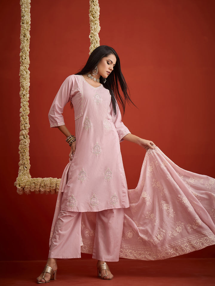 Solid &amp; Embroidered Pure Cotton A-Line Kurta Pant Dupatta Set