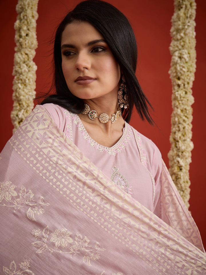 Solid &amp; Embroidered Pure Cotton A-Line Kurta Pant Dupatta Set