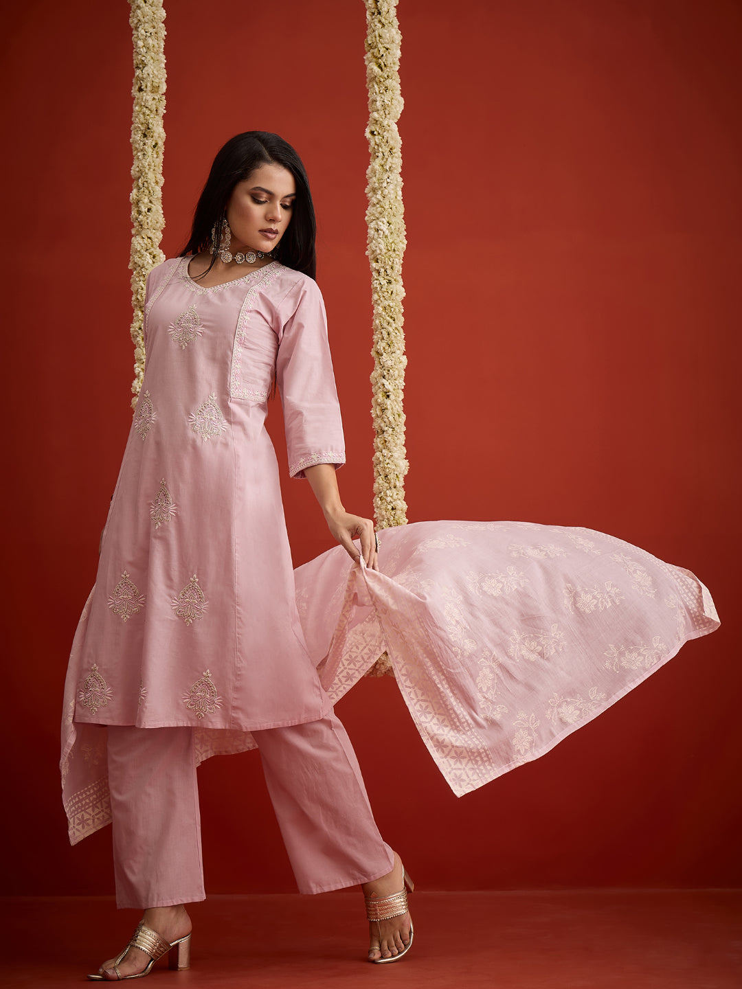 Solid &amp; Embroidered Pure Cotton A-Line Kurta Pant Dupatta Set