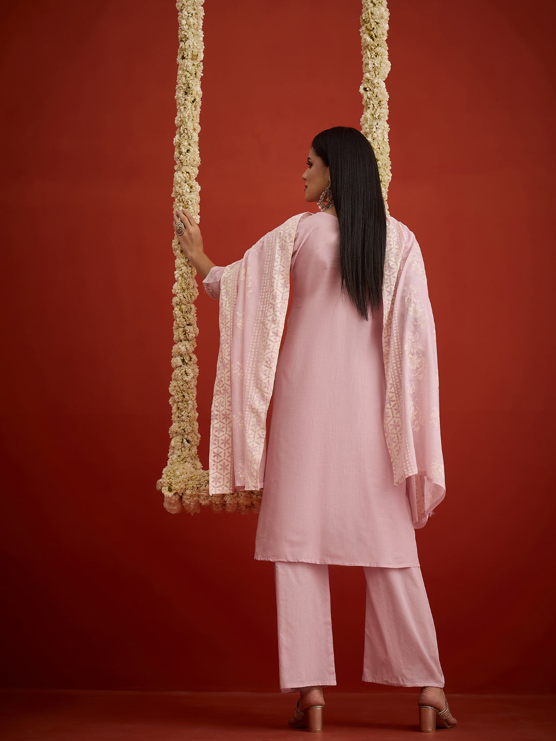 Solid &amp; Embroidered Pure Cotton A-Line Kurta Pant Dupatta Set
