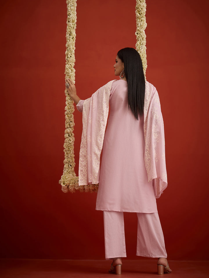 Solid &amp; Embroidered Pure Cotton A-Line Kurta Pant Dupatta Set