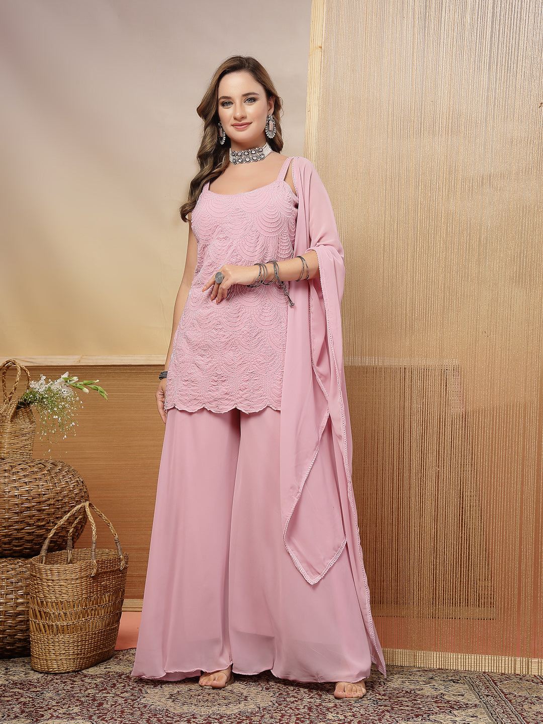 Solid &amp; Embroidered Rayon Straight Kurti Palazzo Dupatta Set