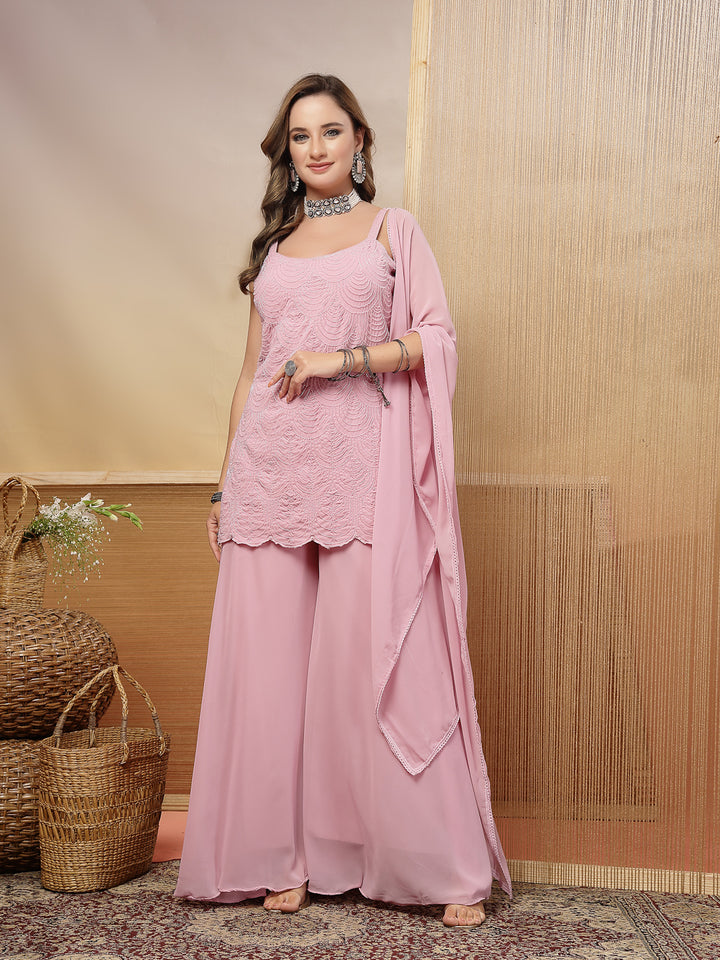 Solid &amp; Embroidered Rayon Straight Kurti Palazzo Dupatta Set