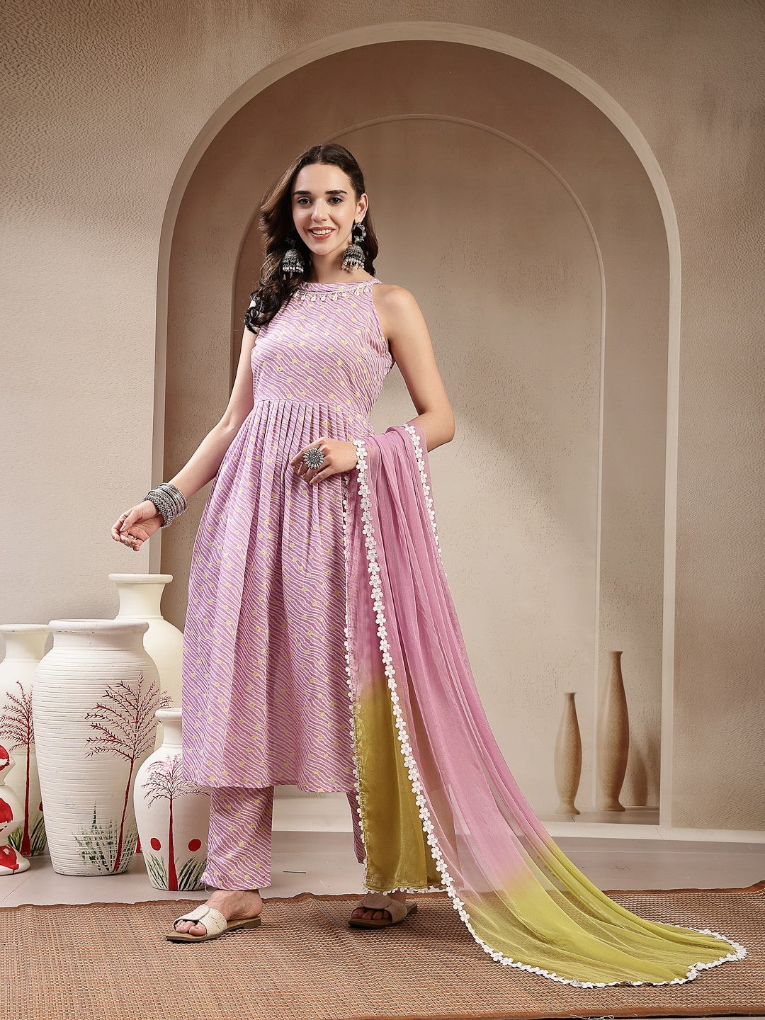 Lavender Leheriya Printed Cotton Flared Kurta Pant Dupatta Set