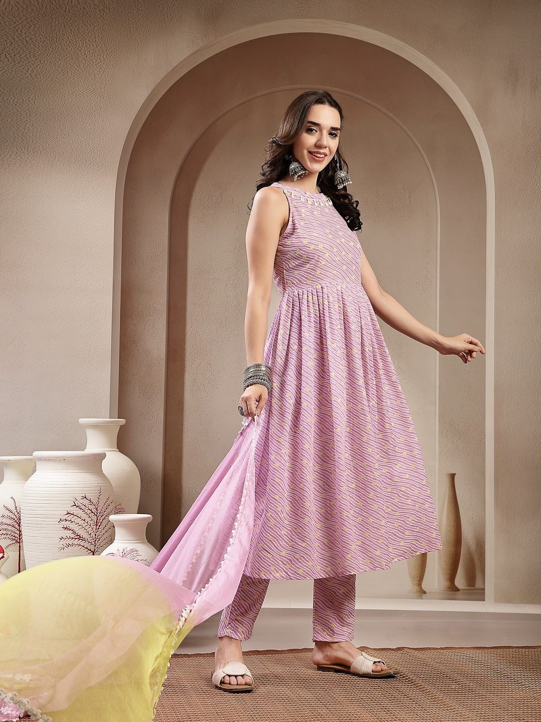 Lavender Leheriya Printed Cotton Flared Kurta Pant Dupatta Set