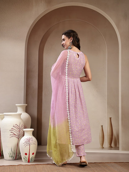 Lavender Leheriya Printed Cotton Flared Kurta Pant Dupatta Set