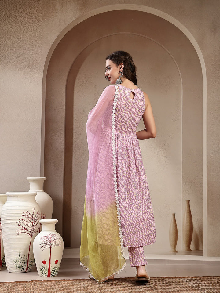 Lavender Leheriya Printed Cotton Flared Kurta Pant Dupatta Set