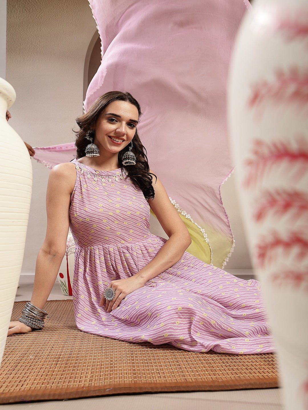 Lavender Leheriya Printed Cotton Flared Kurta Pant Dupatta Set