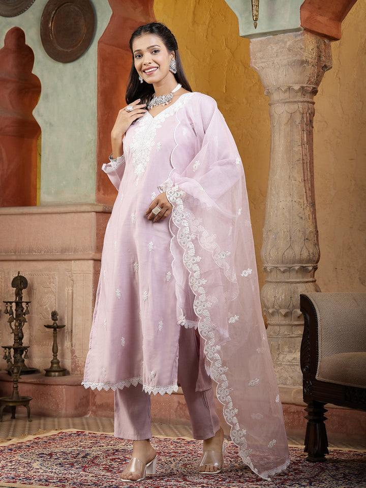 Lavender Solid &amp; Embroidered Silk Straight Kurta Pant Dupatta Set