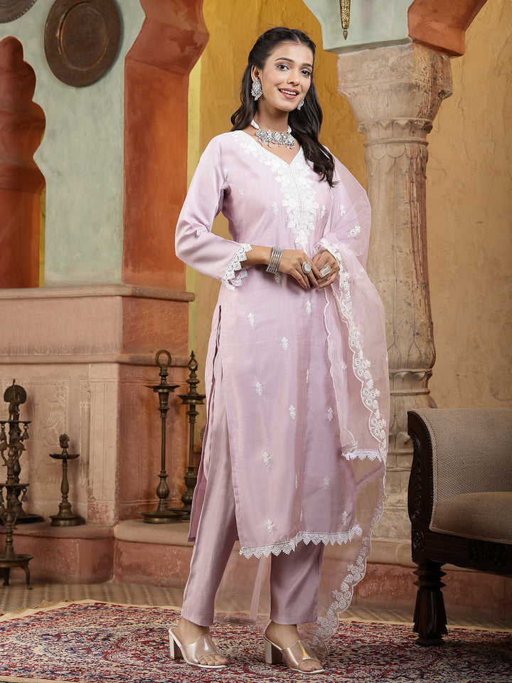Lavender Solid &amp; Embroidered Silk Straight Kurta Pant Dupatta Set