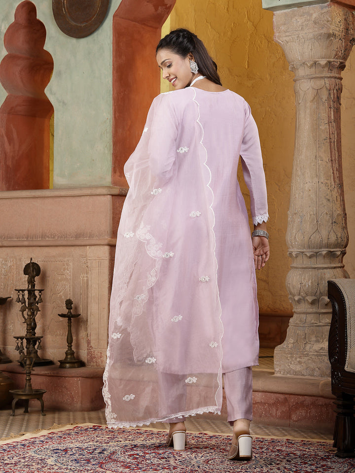 Lavender Solid &amp; Embroidered Silk Straight Kurta Pant Dupatta Set