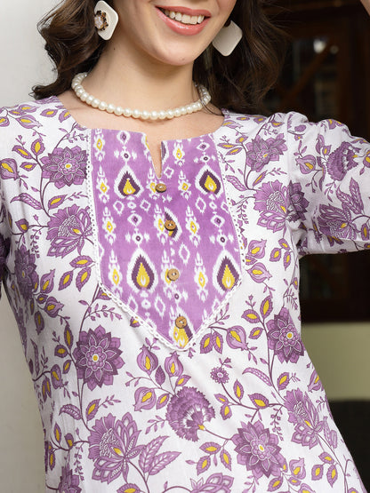 Lavender Floral Printed Cotton Straight Kurta Pant Dupatta Set