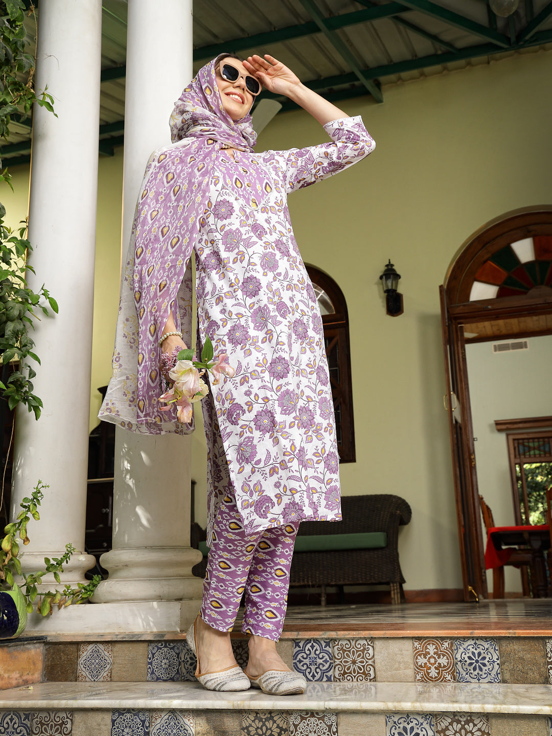 Lavender Floral Printed Cotton Straight Kurta Pant Dupatta Set