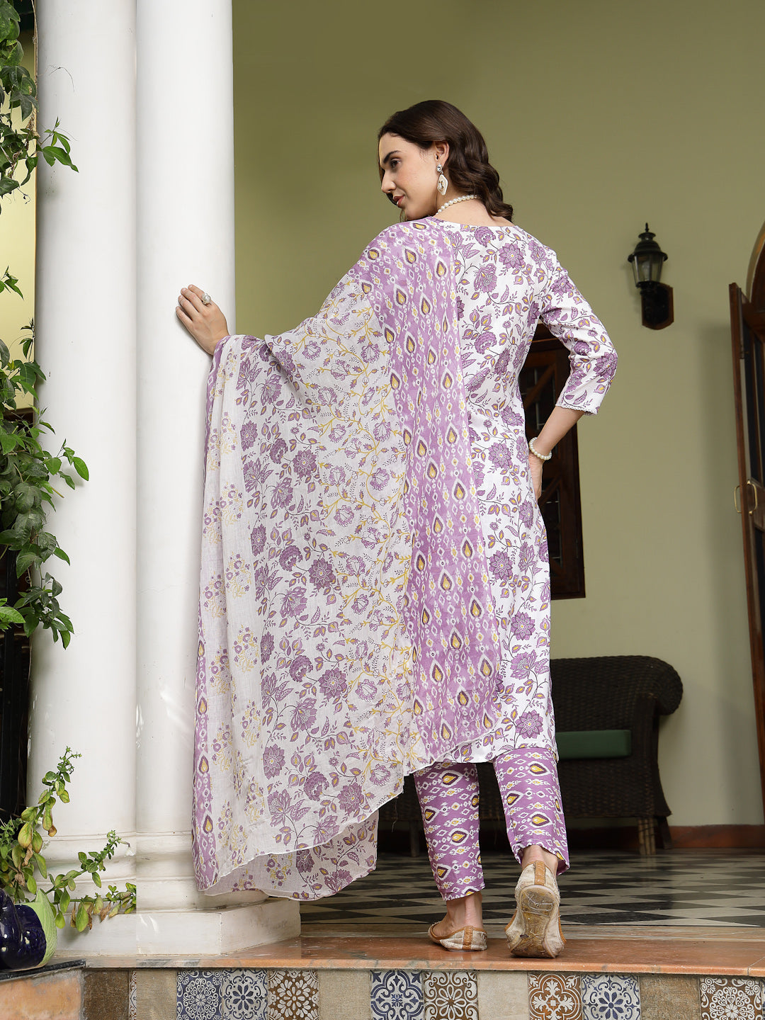 Lavender Floral Printed Cotton Straight Kurta Pant Dupatta Set