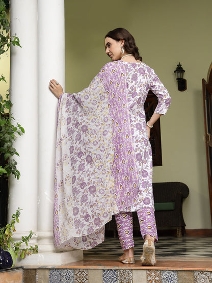 Lavender Floral Printed Cotton Straight Kurta Pant Dupatta Set