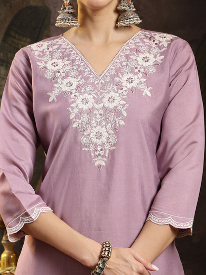 Lavender Solid & Embroidered Silk Blend Straight Kurta Pant Dupatta Set