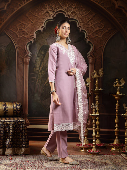 Lavender Solid & Embroidered Silk Blend Straight Kurta Pant Dupatta Set