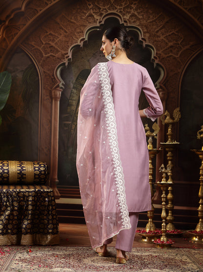 Lavender Solid & Embroidered Silk Blend Straight Kurta Pant Dupatta Set