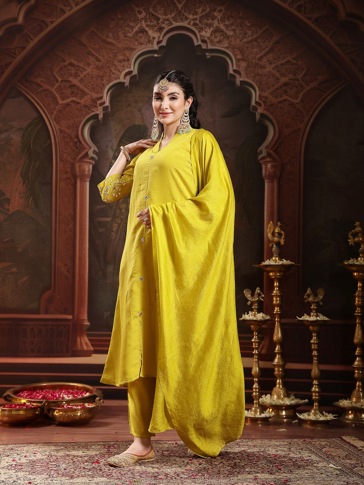 Lime Green Solid Silk Blend A-Line Kurta Pant Dupatta Set