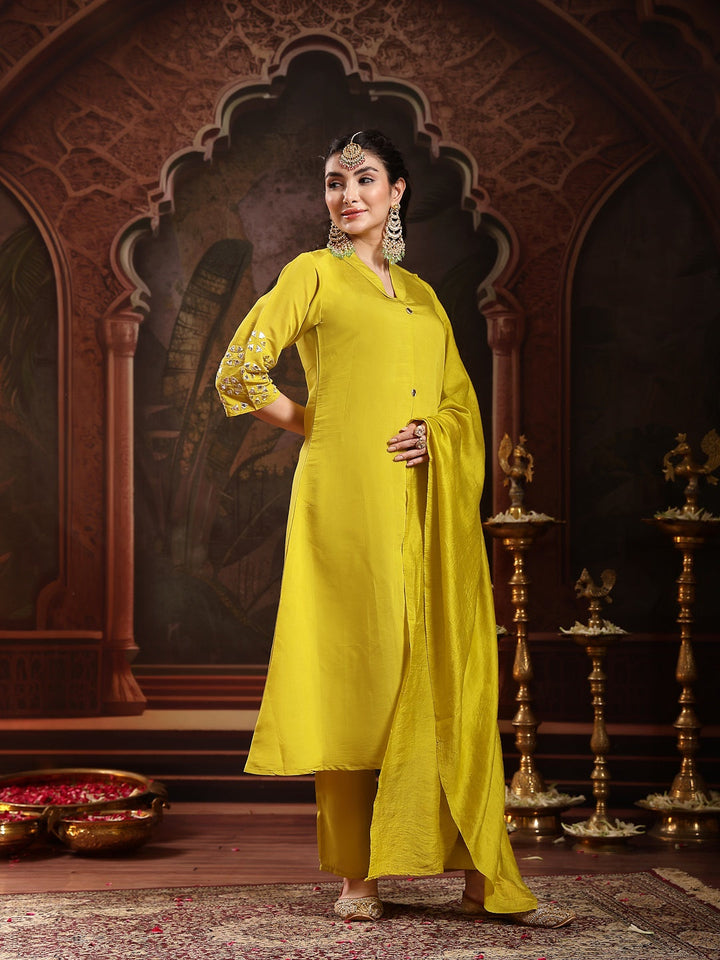 Lime Green Solid Silk Blend A-Line Kurta Pant Dupatta Set