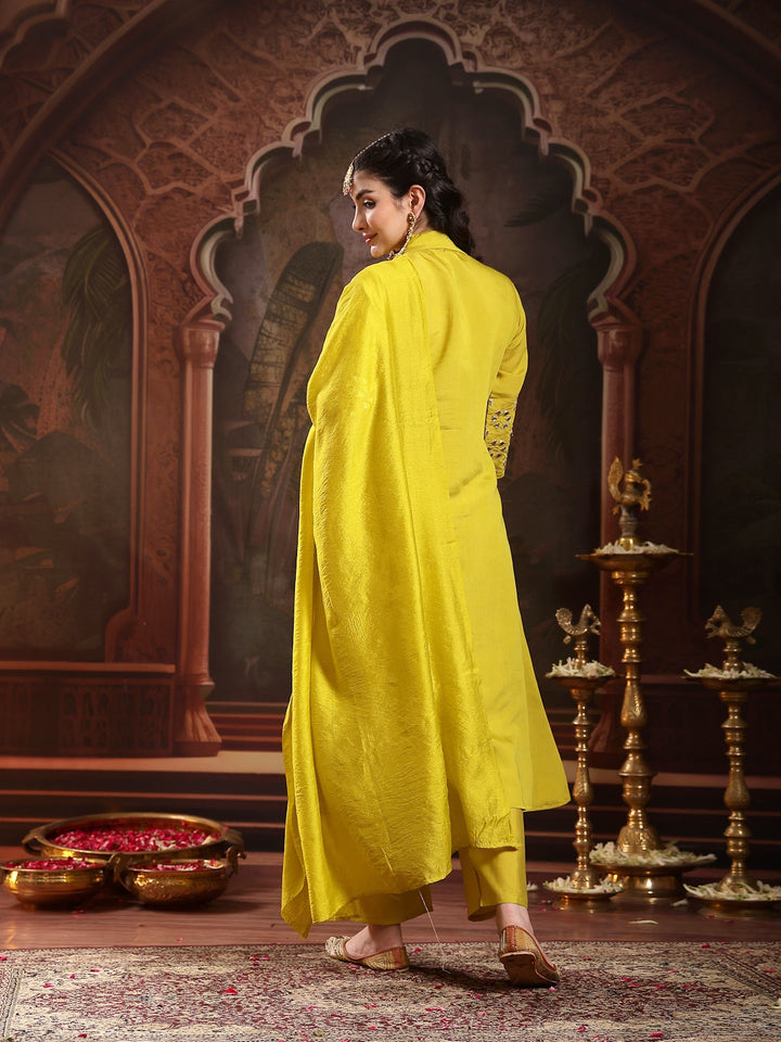 Lime Green Solid Silk Blend A-Line Kurta Pant Dupatta Set
