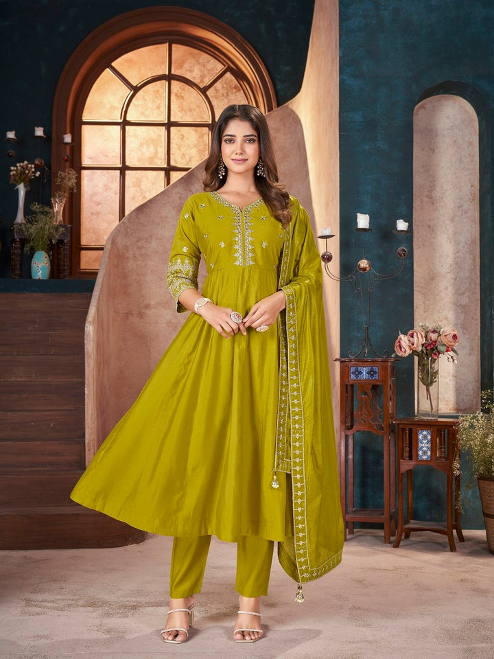 Lime Green Solid &amp; Embroidered Silk Anarkali Kurta Pant Dupatta Set