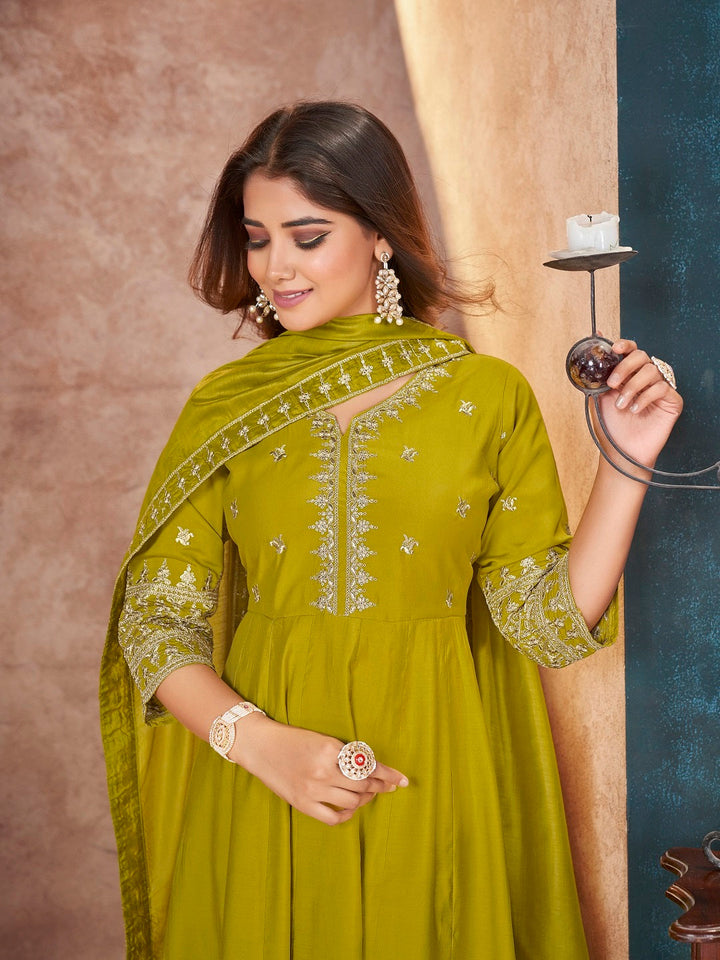 Lime Green Solid &amp; Embroidered Silk Anarkali Kurta Pant Dupatta Set