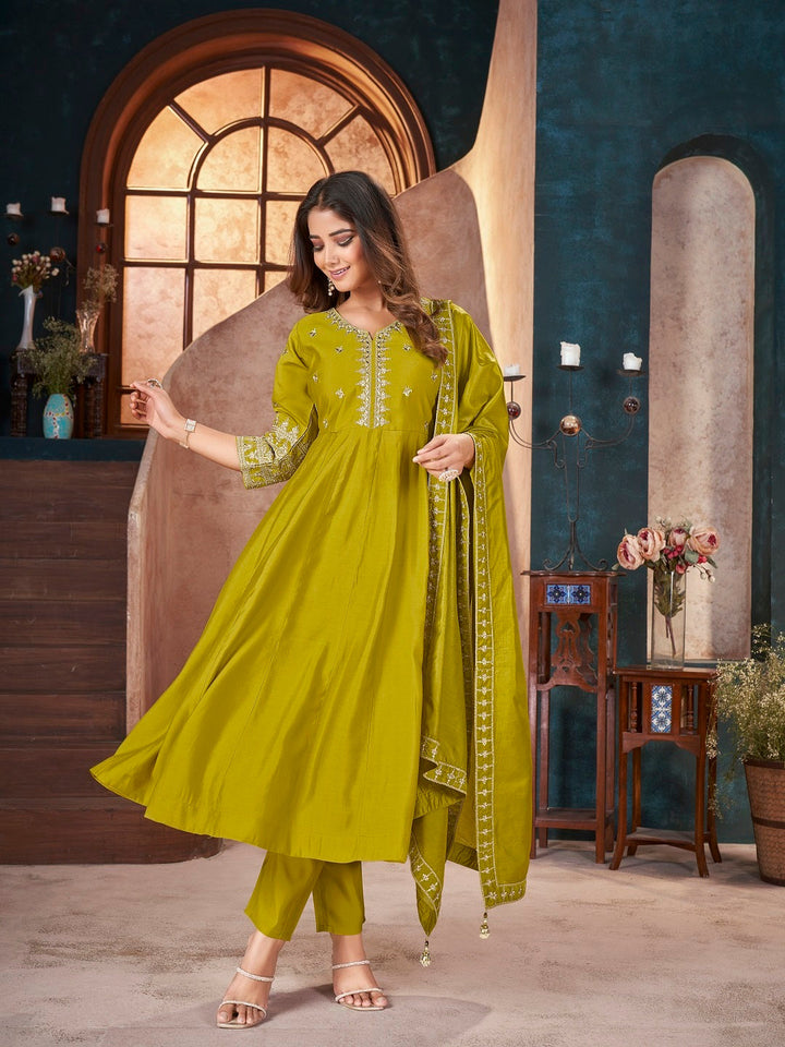 Lime Green Solid &amp; Embroidered Silk Anarkali Kurta Pant Dupatta Set