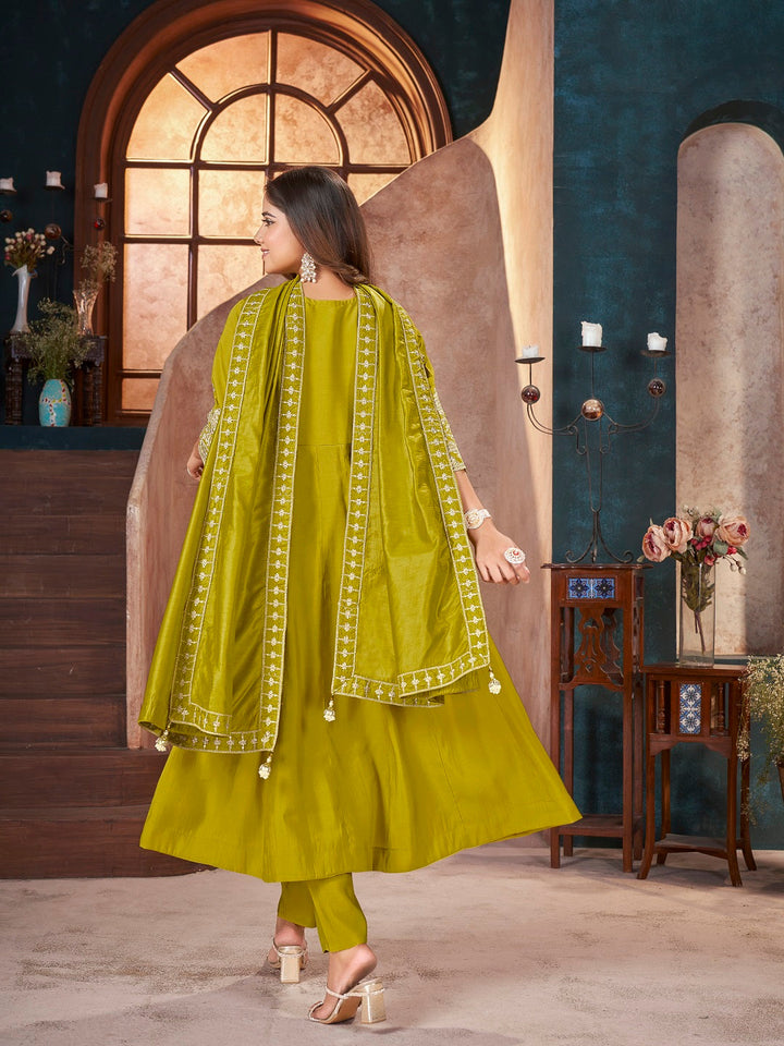Lime Green Solid &amp; Embroidered Silk Anarkali Kurta Pant Dupatta Set