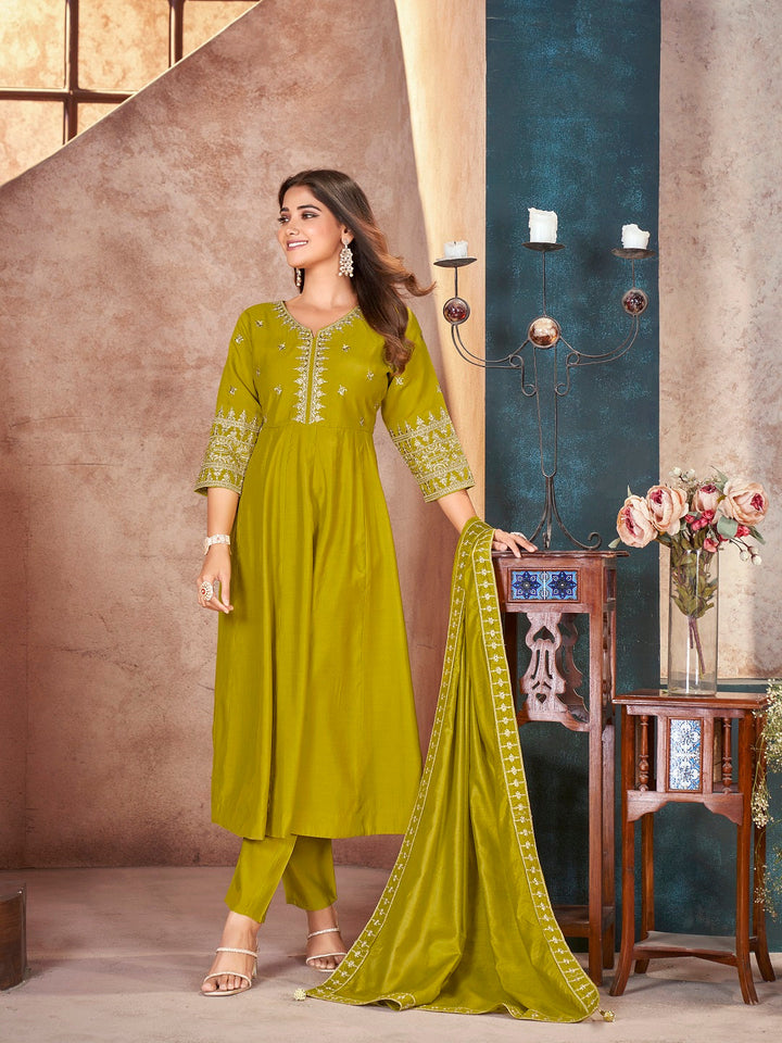 Lime Green Solid &amp; Embroidered Silk Anarkali Kurta Pant Dupatta Set