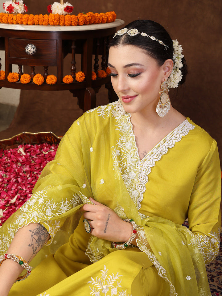 Lime Green Solid &amp; Embroidered Silk Straight Kurta Pant Dupatta Set
