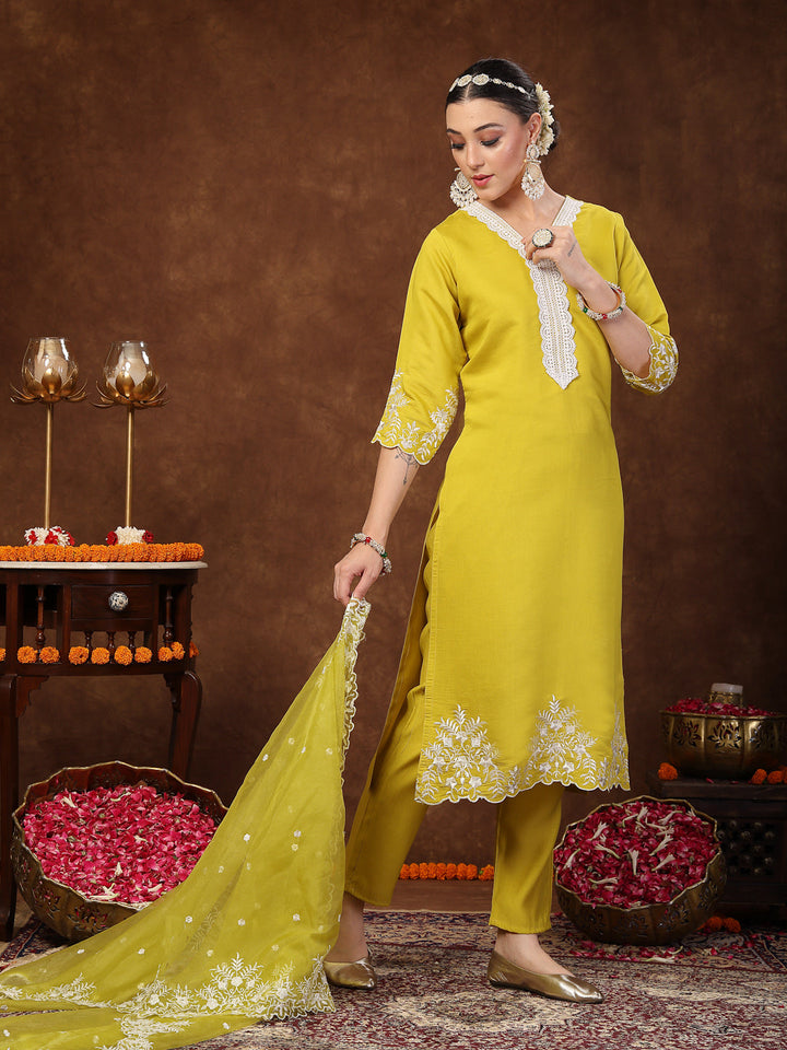 Lime Green Solid &amp; Embroidered Silk Straight Kurta Pant Dupatta Set