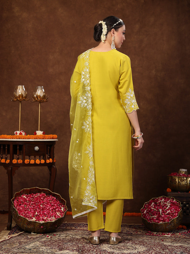 Lime Green Solid &amp; Embroidered Silk Straight Kurta Pant Dupatta Set