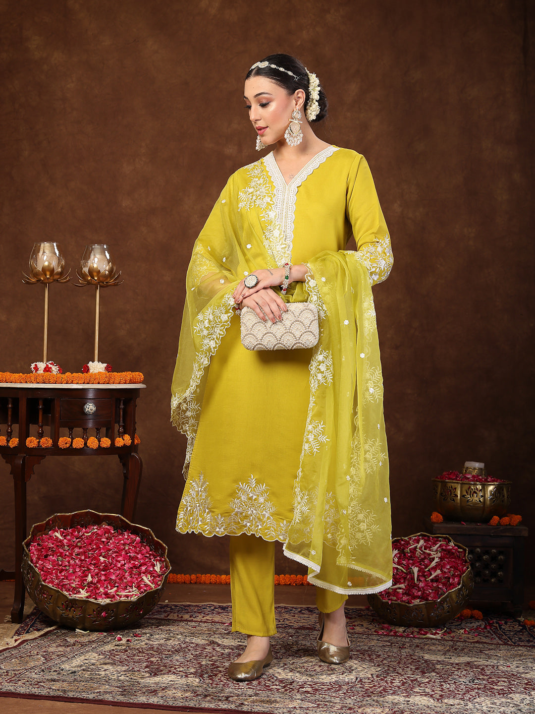 Lime Green Solid &amp; Embroidered Silk Straight Kurta Pant Dupatta Set